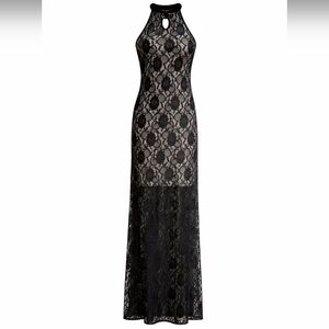 Love Fast Live Hard Lace Halter Neck Maxi Dress Womens XS, Black, Cream
